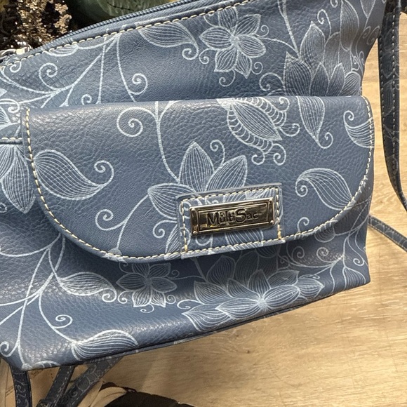 Multi-Sac Blue Tone Crossbody Bag Size 8H X 8L Leather Zipper pockets - Picture 12 of 13